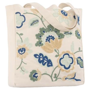 Imagem de Perseverance Trade Bolsa feminina de lona bordada estética dragão azul floral com fivela magnética e zíper bolso interno reutilizável bolsa de algodão para compras supermercado trabalho livro academia