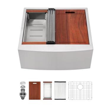 Imagem de Sarlai Estação de trabalho para pia de fazenda 24 - 61 x 55 cm, borda da pia da cozinha da fazenda, aço inoxidável, calibre 16, avental frontal, tigela única, pia de fazendeiro de cozinha de luxo