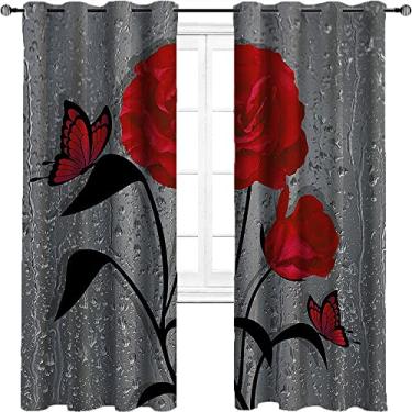Imagem de Cortina de isolamento térmico de rosa vermelha, flor de borboleta, tecido impermeável, anel trançado de redução de ruído de três camadas, cortina de sombra superior, L 182 x C 182 cm, cinza