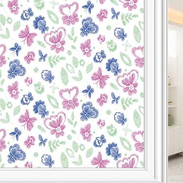 Imagem de Película de janela de privacidade de flores, textura de estilo floral, filme de vidro para sala de estar e escritório em casa, L90 x C 190 cm