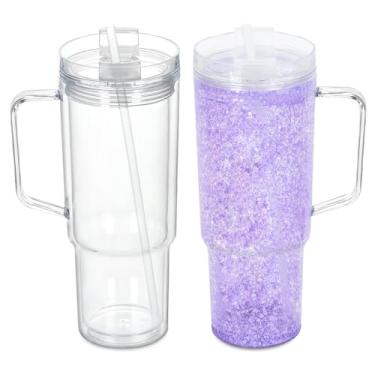 Imagem de Micellwuu Pacote com 2 copos de globo de neve de 1,134 g com alça, copos de globo de neve de acrílico com orifício pré-perfurado, caneca de café de plástico transparente reutilizável de parede dupla