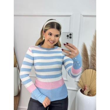 Imagem de Blusa suéter feminina com perolas - Andresa Lima, Azul claro, M