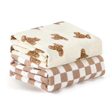 Imagem de insular Cobertores de musselina para meninos e meninas, pacote com 2 cobertores grandes para bebês 119 x 119 cm, envoltório macio e respirável para recém-nascido, ursinho de pelúcia e xadrez