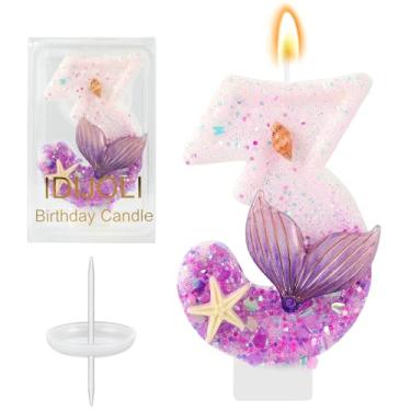 Imagem de IDIJOLI Vela roxa número 3 velas sereia aniversário 3º aniversário topo de bolo decorações de cupcake para meninas e mulheres, decoração de festa, aniversário, celebrações, suprimentos, lembrancinhas
