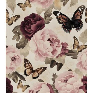 Imagem de Papel de parede floral vintage descascar e colar, papel de contato borboleta escura bege/rosa floral 44,5 cm x 299,7 cm, papel de parede boho autoadesivo à prova d'água removível para prateleiras de