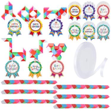 Imagem de Skylety 24 conjuntos de presentes de aniversário para sala de aula, incluindo certificados de aniversário coloridos, arco-íris fidget cubo de cobra quebra-cabeça brinquedos e rolo de fita branca para