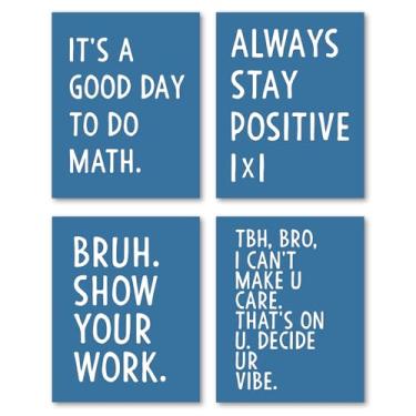 Imagem de Hxlac Conjunto de 4 impressões de arte de parede para decoração de sala de aula de matemática - arte de parede do ensino médio, pôsteres de matemática azul e branco para o ensino médio, decoração de
