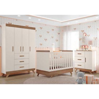 Imagem de Quarto de Bebê Retrô Maya com Berço Americano Vitória Off White Carvalho com Colchão Gazin - Carolina