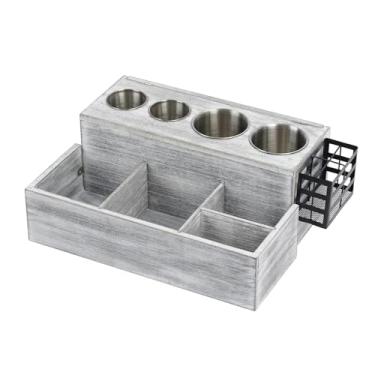 Imagem de harayaa Organizador de ferramentas para cabelo, copos de aço inoxidável, economizador de espaço, suporte de madeira para secador de cabelo, suporte para