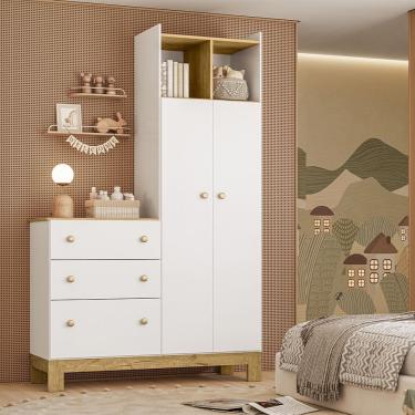 Imagem de Guarda Roupa Roupeiro com Cômoda QEncanto Slim Freijó Branco Acetinado Qmovi