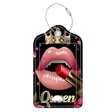 Imagem de Etiquetas de bagagem, design de batom rosa rosa rainha leopardo com glitter, etiquetas de identificação de capa de privacidade dupla face com laço de aço inoxidável e cartão de endereço para mala de