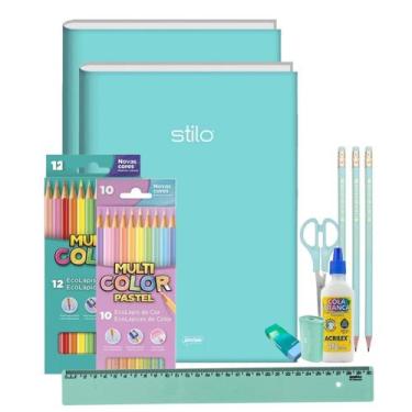 Imagem de Kit Material Escolar Volta as Aulas Infantil Menina Tons Pasteis 32pcs
