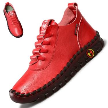 Imagem de CrazySavage Mocassins femininos de couro macio com tendão de carne bovina para lazer sem cadarço feitos à mão ortopédico bico redondo respirável antiderrapante para mãe sapato de caminhada, Vermelho