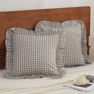Imagem de YHJWW Capas de almofada verde guingão com babados europeus, 100% algodão lavado, como linho, macio, confortável, xadrez, decorativa, conjunto de 2 capas para cama de sofá (66 x 66 cm, fecho de