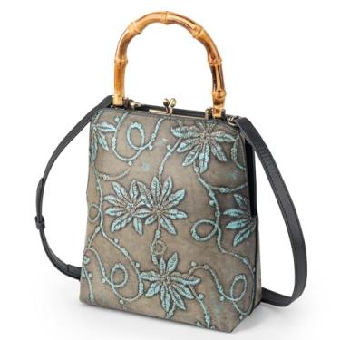 Imagem de ZHIYONG Bolsa feminina de couro floral com alças de madeira resistentes, bolsa de mão e bolsa de ombro, espaçosa para uso diário, trabalho, compras e casual, cinza-verde com design floral