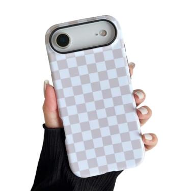 Imagem de Longlayss Compatível com 17 Air Capa de telefone quadriculada bonita estética quadriculada para mulheres meninas à prova de choque fino TPU e capa protetora de policarbonato rígido (branco antigo)