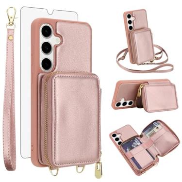 Imagem de Capa de celular para Samsung Galaxy S24 FE 5G carteira celular com protetor de tela de vidro temperado, alça transversal, suporte para cartão de crédito com bloqueio de RFID S 24 EF S24FE 24S mulheres