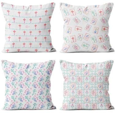 Imagem de QGFM Conjunto de capas de travesseiro tradicional chinoiserie 4 45,7 x 45,7 cm, presentes para jogadores amantes de Mahjong, leque chinês oriental asiático, lanterna, nuvem, almofadas decorativas para