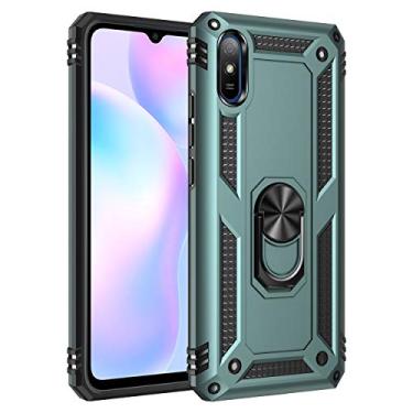 Imagem de SORAKA Capa para Xiaomi Redmi 9A com suporte de anel, capa protetora Redmi 9A, capa traseira de policarbonato rígido com placa de metal para suporte magnético de telefone e carro, verde escuro