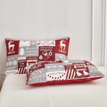 Imagem de Conjunto de 2 fronhas de Natal, tamanho Queen, xadrez, vermelho, cinza, 50,8 x 71,3 cm, tamanho padrão, Natal, Papai Noel, floco de neve, patchwork, fronhas de Natal para cama, sofá, decoração de