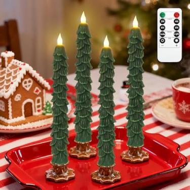Imagem de 4 peças de velas de árvore de Natal com controle remoto, velas cônicas cerosas sem chama, cintilantes, castiçais de LED verdes operados por bateria para celebração de ano novo, decorações de férias 24