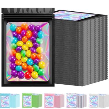 Imagem de 300 sacos holográficos Mylar a granel, à prova de cheiro, sacos resseláveis com janela transparente, bolsa de alumínio para pequenas empresas e armazenamento de alimentos (preto, 10 x 15 cm)