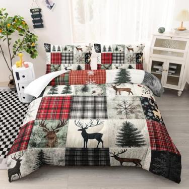 Imagem de AILONEN Conjunto de edredom Queen para caça de veado, vermelho e preto, 3 peças, edredom de microfibra macia com 2 fronhas