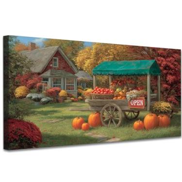 Imagem de KISTIKAT Arte de parede em tela de caminhão de abóbora, pintura de impressão de casa de fazenda de outono, pôster de paisagem de outono com carrinho de casa de campo e mercado, arte emoldurada para