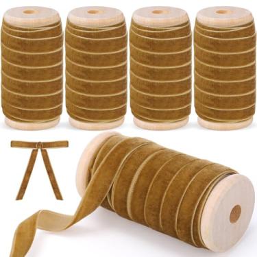 Imagem de Chuangdi Conjunto de fitas de veludo de Natal com 4 rolos de 3/20.3 cm vintage com acabamento em tecido de carretel de madeira para embrulho de presente de Natal, decoração de guirlanda, enfeites de