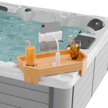 Imagem de POOLCOMFT Bandeja de banheira de hidromassagem de bambu, bandeja de mesa de banho com suporte de telefone ajustável, acessórios de banheira para spa de adultos, presentes de banheiro para mulheres