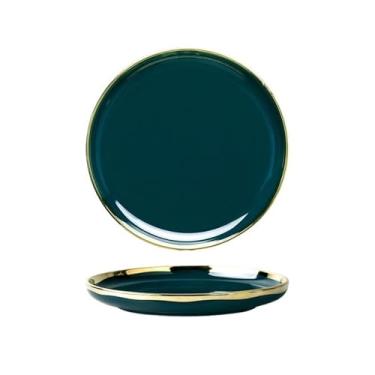 Imagem de Prato de serviço escandinavo simples traçado de ouro prato redondo de cerâmica pratos domésticos prato de bife prato de salada macarrão prato de sobremesa pratos (C)