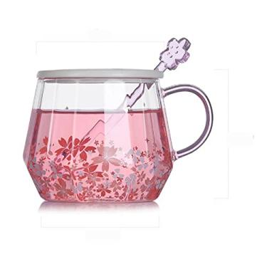 Imagem de GRFIT Caneca de flor de cerejeira com tampa copo de água quente de borossilicato bonito colher de café menina caneca de presente de menina caneca de café (cor: Cereja de diamante)