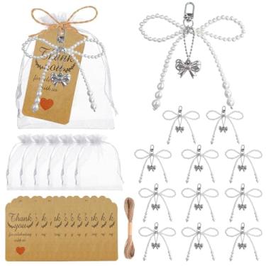 Imagem de LeLehome Chaveiro com laço de pérola, 12 peças, com etiquetas de agradecimento e bolsas de organza para decoração de aniversário, chá de panela, Laço de pérola, M