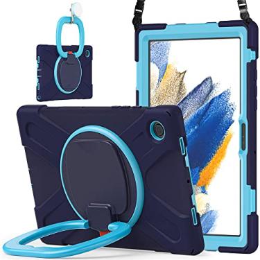 Imagem de Capa de rotação 360 para Samsung Galaxy Tab A8 10,5 polegadas, capa resistente, suporte de anel, alça de ombro, alça de mão, resistente, para crianças, adultos, ao ar livre, azul marinho +