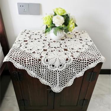 Imagem de Wuluwala Toalha de mesa de cabeceira quadrada de renda de algodão feita à mão de crochê toalha de mesa lateral de malha bege lenço de cômoda para mesas de vaso de casamento tapetes decoração 50,8 x