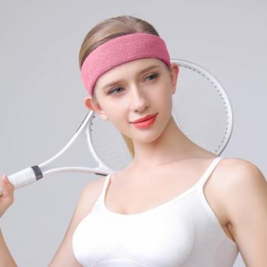 Imagem de Faixa de cabeça esportiva para homens e mulheres – Faixa de suor atlética de algodão felpudo para tênis, basquete, corrida, academia, malhar (rosa)