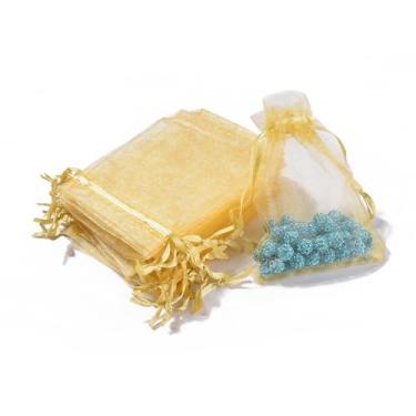 Imagem de Sacos de presente de organza de 100 peças com cordão, bolsas de joias, sacos de presente de lembrancinha de Natal para festa de casamento, haste dourada, 12 x 9 cm