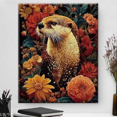 Imagem de Arte de parede botânica de lontra marinha vintage emoldurada - Decoração de parede com flores escuras Academia para quarto, sala de estar, casa, 20 x 25 cm