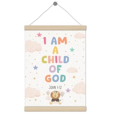 Imagem de Linda moldura de pôster de leão cristão para meninos e meninas, 30,5 x 40,6 cm, verso bíblico, decoração de parede, "I Am a Child of God", para quarto de meninos e meninas, escola dominical