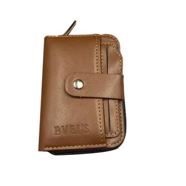 Imagem de Carteira masculina dobrável de couro minimalista fina com bloqueio de RFID com zíper e porta-cartão de crédito com janela para identidade, Marrom claro, Carteiras de porta-cartões