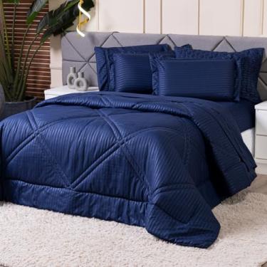 Imagem de Kit Edredom Cobertor KING 03 Peças Mônaco Fitado Percal Soft 300 Fios com Fronhas - Dupla Face Listrado Acetinado Brilhante Toque Macio Cheio Grosso (Azul Marinho)