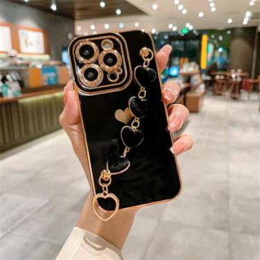 Imagem de Capa de telefone com pulseira de coração de amor macio para iPhone 11 12 13 14 15 Pro Max XS X XR 7 8 Plus SE 2020 2022 Capa protetora de fiapos, preta, para iPhone 7plus