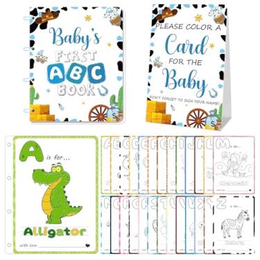 Imagem de Baby's First ABC Book Baby Shower Activity & Keepsake Game, cartões de colorir animais de A a Z, jogo divertido e interativo de chá de bebê para convidados, alternativa exclusiva de livro de visitas
