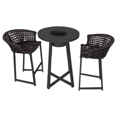 Imagem de Conjunto Bistrô Champanheira Tampo Ripado E 2 Banquetas Reis Corda Náutica Marrom - Cor: Marrom