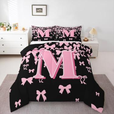 Imagem de jejeloiu Conjunto de edredom infantil com laço fofo, solteiro, letra M, preto, rosa, coquete com laço, edredom para quarto de crianças, meninos, meninas, monograma, estilo princesa sonhadora