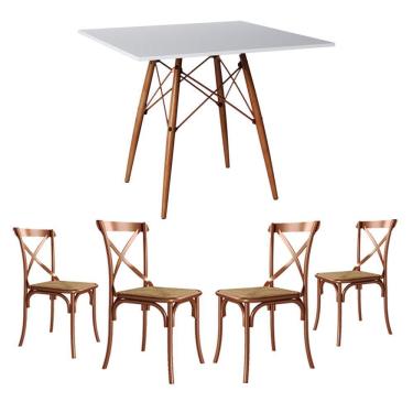 Imagem de Conjunto De Mesa Eiffel Quadrado Tampo De Madeira 90Cm Branco Com 4 Cadeiras Cobre - Marrom
