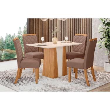 Imagem de Conjunto Mesa Sala Jantar Orus Com Tampo Madeirado 120x80cm E 4 Cadeiras Bella Nature Off White Suede Marrom Henn