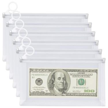 Imagem de LXUEJIE Bolsa de dinheiro transparente com zíper com 6 peças, envelope de plástico, bolsa de dinheiro de 21 x 11 cm para cupons de recibo de dinheiro, selos, estojo de envelope com zíper, organizador