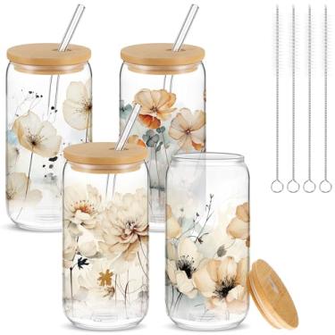 Imagem de Mumufy 4 peças de presente para mulheres Chinoiserie copo de vidro copo de flor gelada caneca de café 473 ml vidro com tampa de bambu e canudo, presente de aniversário de dia das mães para mãe, irmã