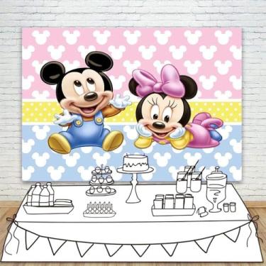 Imagem de Pano de fundo revelador de gênero Mickey e Minnie Mouse, 12 x 7 cm, rosa e azul, chá de bebê para meninos ou meninas, fundo de vinil feliz primeiro aniversário para crianças